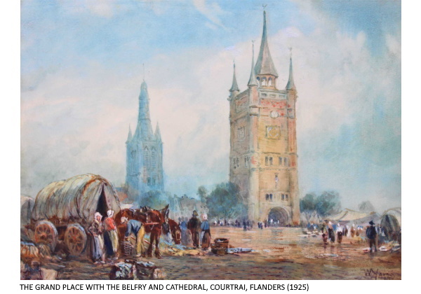 GRAND PLACE WITH THE BELFRY AND CATHEDRAL, COURTRAI, FLANDERS (1925)